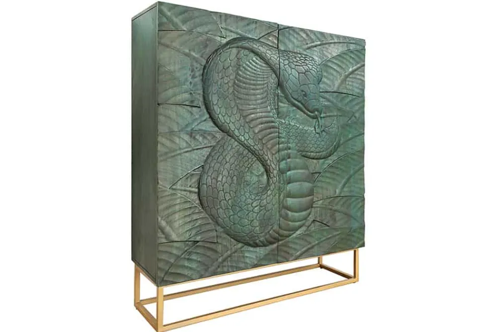 Riess-Ambiente Mehr...|Massivholzschränke > Massives Highboard SNAKE 120cm türkis gold Mangoholz Schlangen-Design mit aufwendigen 3D Schnitzereien