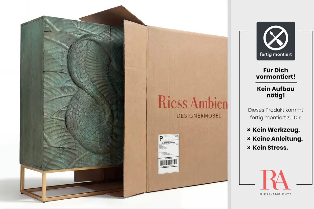 Riess-Ambiente Mehr...|Massivholzschränke > Massives Highboard SNAKE 120cm türkis gold Mangoholz Schlangen-Design mit aufwendigen 3D Schnitzereien