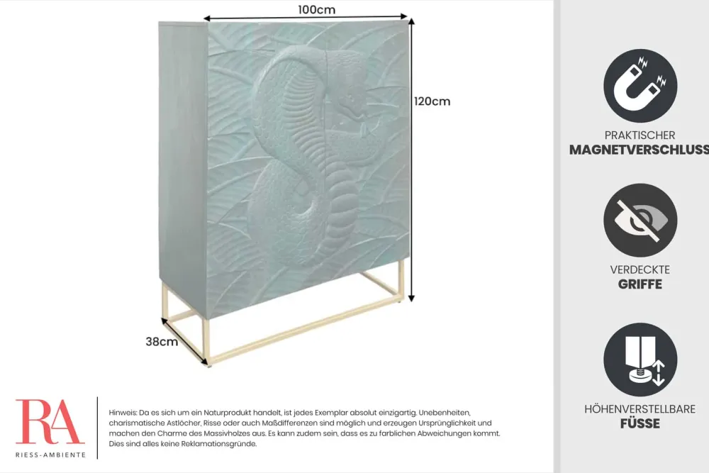 Riess-Ambiente Mehr...|Massivholzschränke > Massives Highboard SNAKE 120cm türkis gold Mangoholz Schlangen-Design mit aufwendigen 3D Schnitzereien