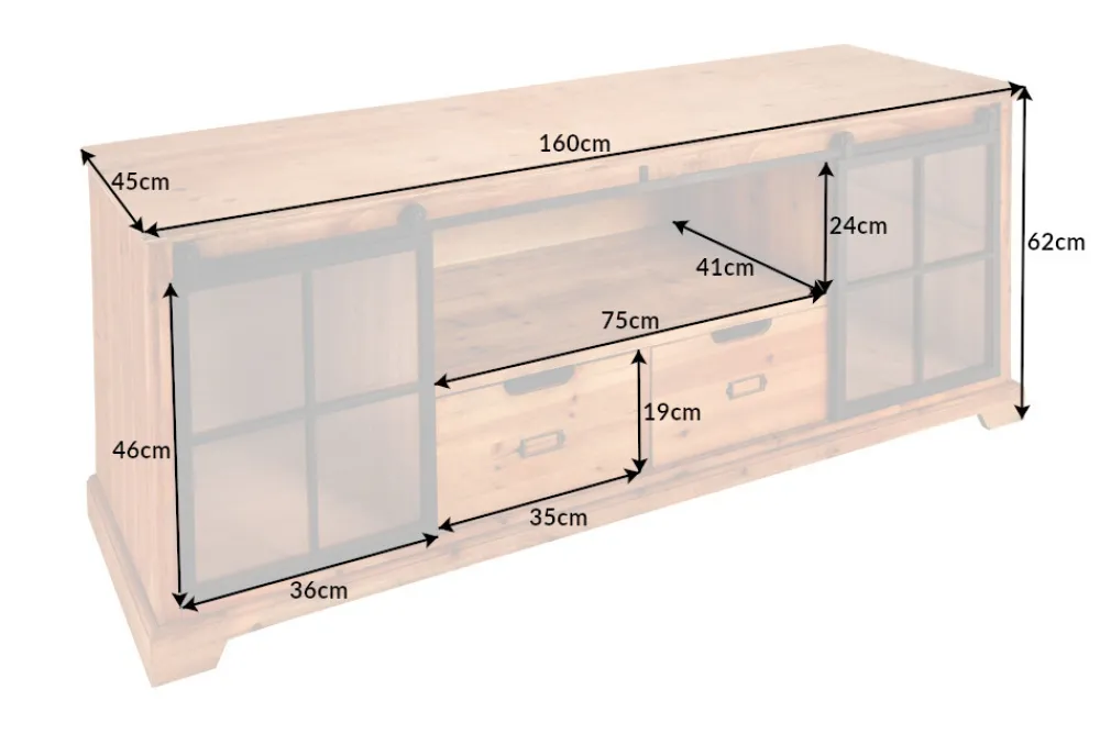 Riess-Ambiente Tv- & Lowboards|Industrial Loft > Massives Lowboard HERITAGE 160cm natur Pinie Industrial-Türen Metall Vitrine