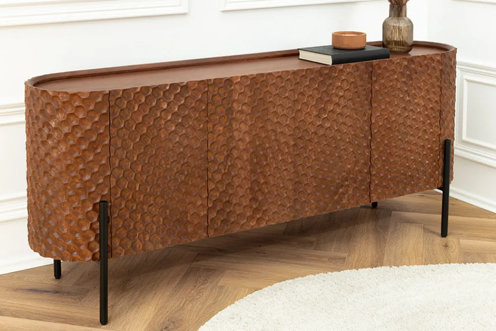 Riess-Ambiente Mehr...|Massivholzschränke > Massives Sideboard ADLON 180cm braun Mangoholz schwarz Metall 3D-Front in Wabenstruktur