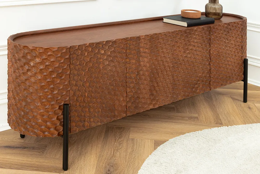 Riess-Ambiente Mehr...|Massivholzschränke > Massives Sideboard ADLON 180cm braun Mangoholz schwarz Metall 3D-Front in Wabenstruktur