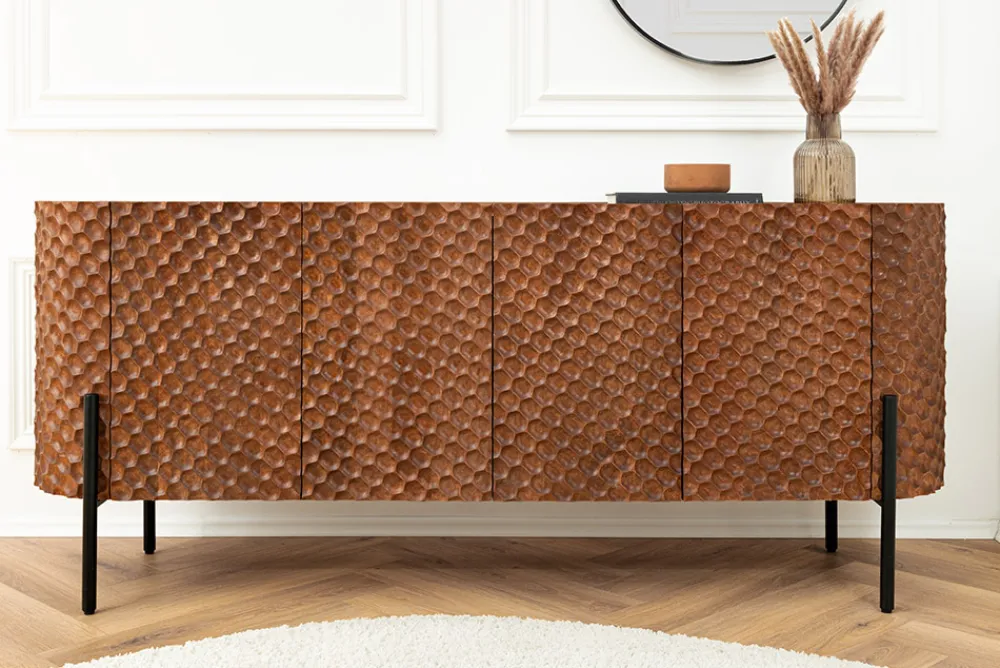 Riess-Ambiente Mehr...|Massivholzschränke > Massives Sideboard ADLON 180cm braun Mangoholz schwarz Metall 3D-Front in Wabenstruktur