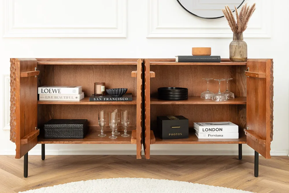 Riess-Ambiente Mehr...|Massivholzschränke > Massives Sideboard ADLON 180cm braun Mangoholz schwarz Metall 3D-Front in Wabenstruktur