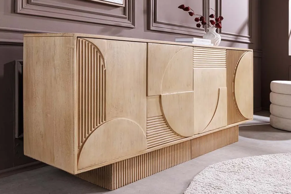 Riess-Ambiente Sideboards & Kommoden|Mehr... > Massives Sideboard ART DECO 170cm weiß gekälkt Mangoholz 3D-Front handmade