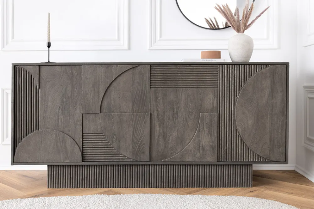 Riess-Ambiente Mehr...|Massivholzschränke > Massives Sideboard ART DECO 170cm grau Mangoholz 3D-Front