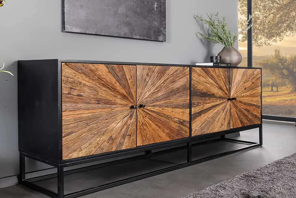 Riess-Ambiente Mehr...|Massivholzschränke > Massives Sideboard BARRACUDA 180cm braun Mangoholz mit Teakholz-Front schwarz Metall
