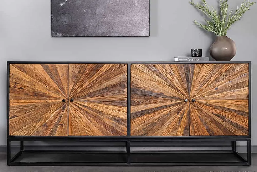 Riess-Ambiente Mehr...|Massivholzschränke > Massives Sideboard BARRACUDA 180cm braun Mangoholz mit Teakholz-Front schwarz Metall