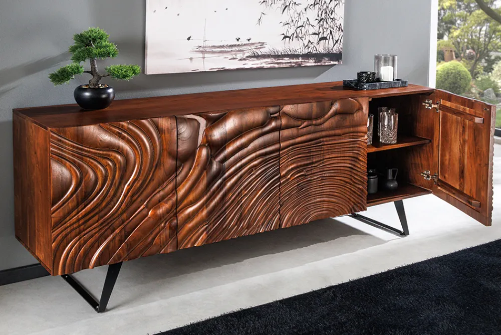 Riess-Ambiente Retro Möbel|Sideboards & Kommoden > Massives Sideboard FLUID 175cm braun Mangoholz 3D-Design Kufengestell
