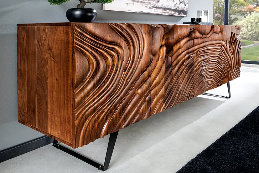 Riess-Ambiente Retro Möbel|Sideboards & Kommoden > Massives Sideboard FLUID 175cm braun Mangoholz 3D-Design Kufengestell