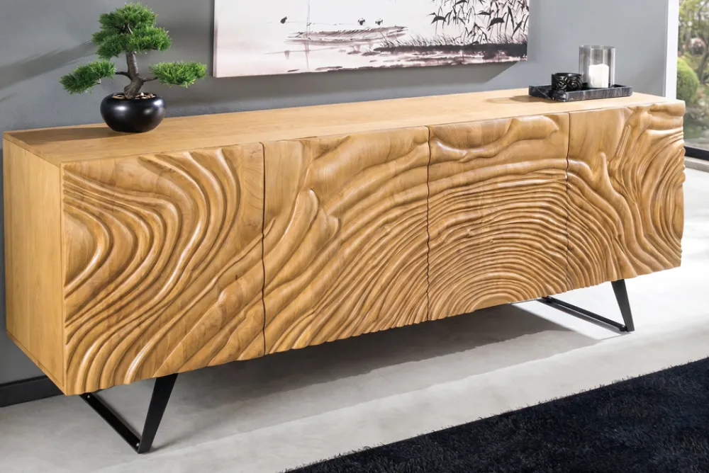 Riess-Ambiente Retro Möbel|Sideboards & Kommoden > Massives Sideboard FLUID 175cm creme Mangoholz 3D-Design Kufengestell