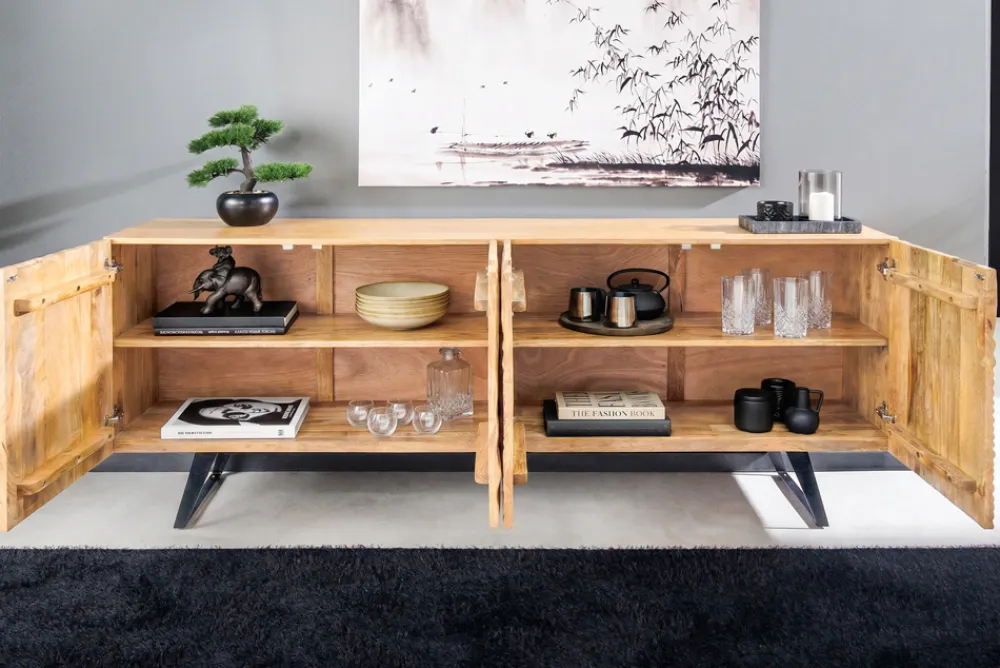 Riess-Ambiente Retro Möbel|Sideboards & Kommoden > Massives Sideboard FLUID 175cm creme Mangoholz 3D-Design Kufengestell