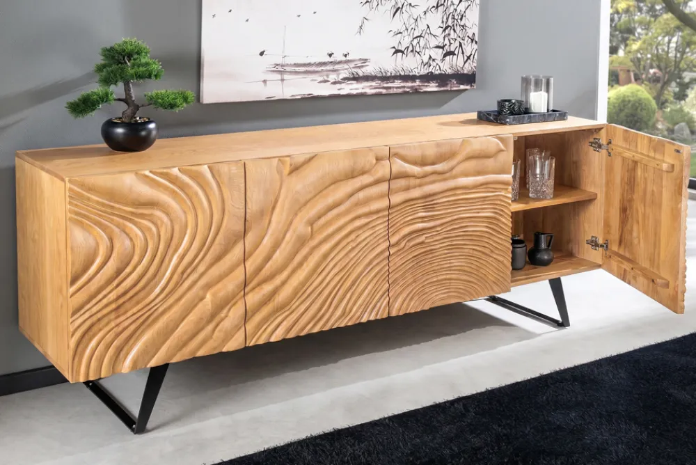 Riess-Ambiente Retro Möbel|Sideboards & Kommoden > Massives Sideboard FLUID 175cm creme Mangoholz 3D-Design Kufengestell