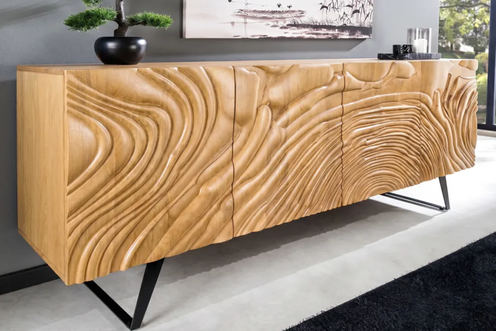 Riess-Ambiente Retro Möbel|Sideboards & Kommoden > Massives Sideboard FLUID 175cm creme Mangoholz 3D-Design Kufengestell