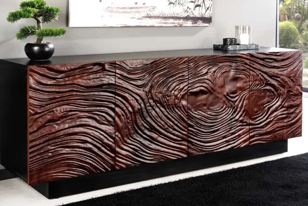 Riess-Ambiente Retro Möbel|Sideboards & Kommoden > Massives Sideboard FLUID 175cm walnuss-braun Akazienholz 3D-Design schwarzer Sockelfuß