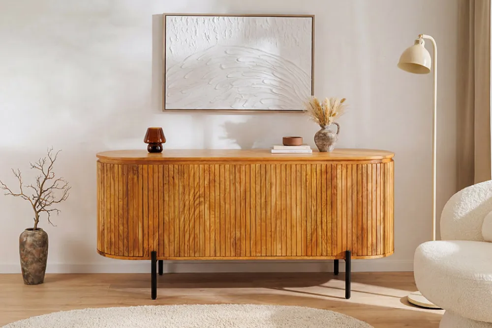 Riess-Ambiente Retro Möbel|Sideboards & Kommoden > Massives Sideboard GATSBY 160cm natur Mangoholz schwarz Metall mit Lamellenfront