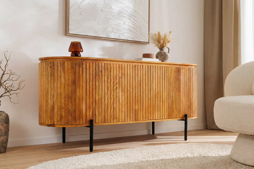 Riess-Ambiente Retro Möbel|Sideboards & Kommoden > Massives Sideboard GATSBY 160cm natur Mangoholz schwarz Metall mit Lamellenfront