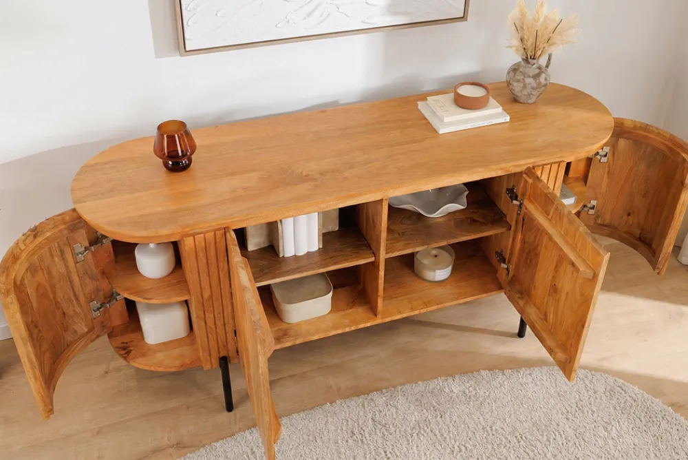 Riess-Ambiente Retro Möbel|Sideboards & Kommoden > Massives Sideboard GATSBY 160cm natur Mangoholz schwarz Metall mit Lamellenfront