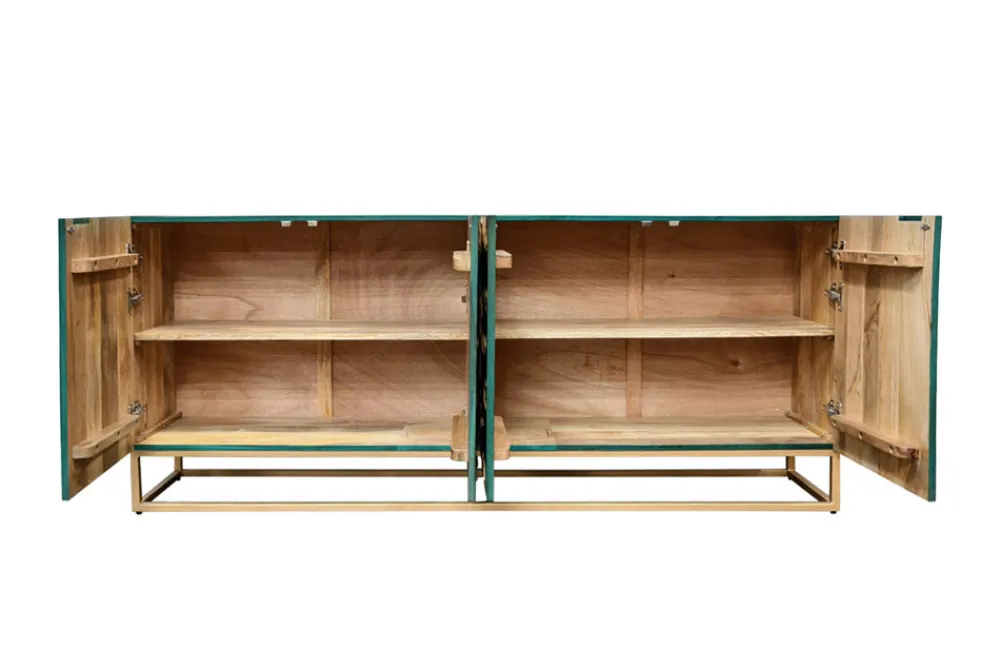 Riess-Ambiente Mehr...|Goldene Möbel > Massives Sideboard GOLDEN LAGOON 180cm türkis gold Mangoholz Metall 3D-Front