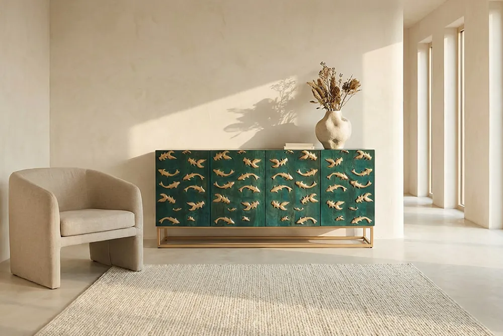 Riess-Ambiente Mehr...|Goldene Möbel > Massives Sideboard GOLDEN LAGOON 180cm türkis gold Mangoholz Metall 3D-Front