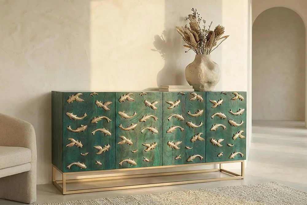 Riess-Ambiente Mehr...|Goldene Möbel > Massives Sideboard GOLDEN LAGOON 180cm türkis gold Mangoholz Metall 3D-Front