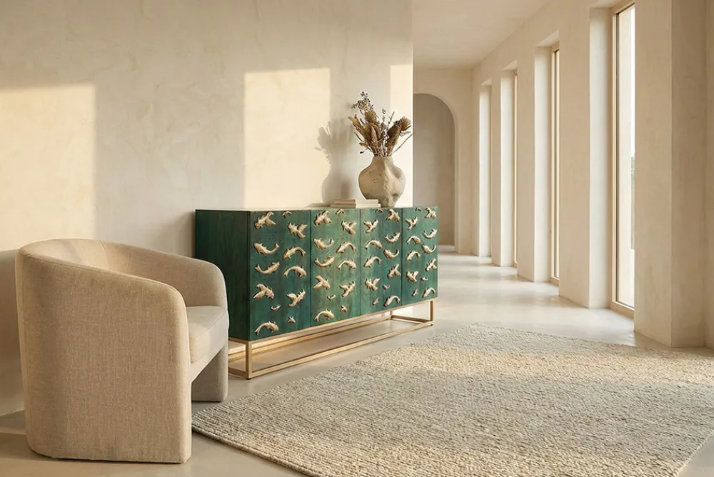 Riess-Ambiente Mehr...|Goldene Möbel > Massives Sideboard GOLDEN LAGOON 180cm türkis gold Mangoholz Metall 3D-Front
