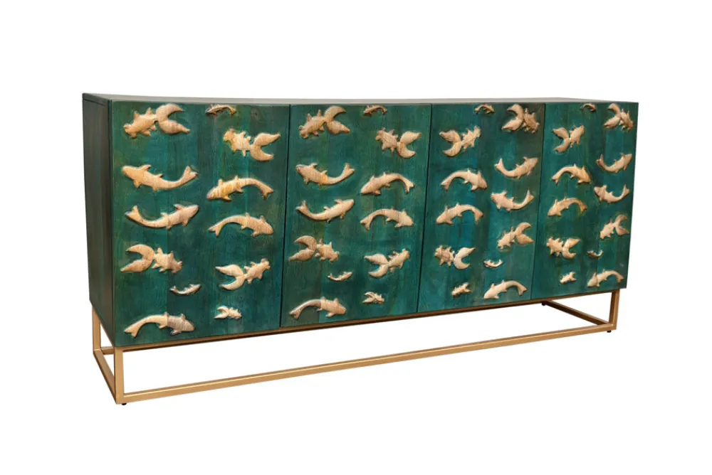 Riess-Ambiente Mehr...|Goldene Möbel > Massives Sideboard GOLDEN LAGOON 180cm türkis gold Mangoholz Metall 3D-Front