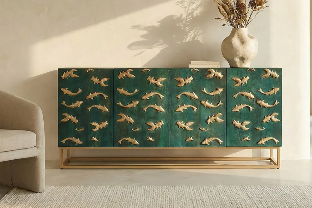 Riess-Ambiente Mehr...|Goldene Möbel > Massives Sideboard GOLDEN LAGOON 180cm türkis gold Mangoholz Metall 3D-Front
