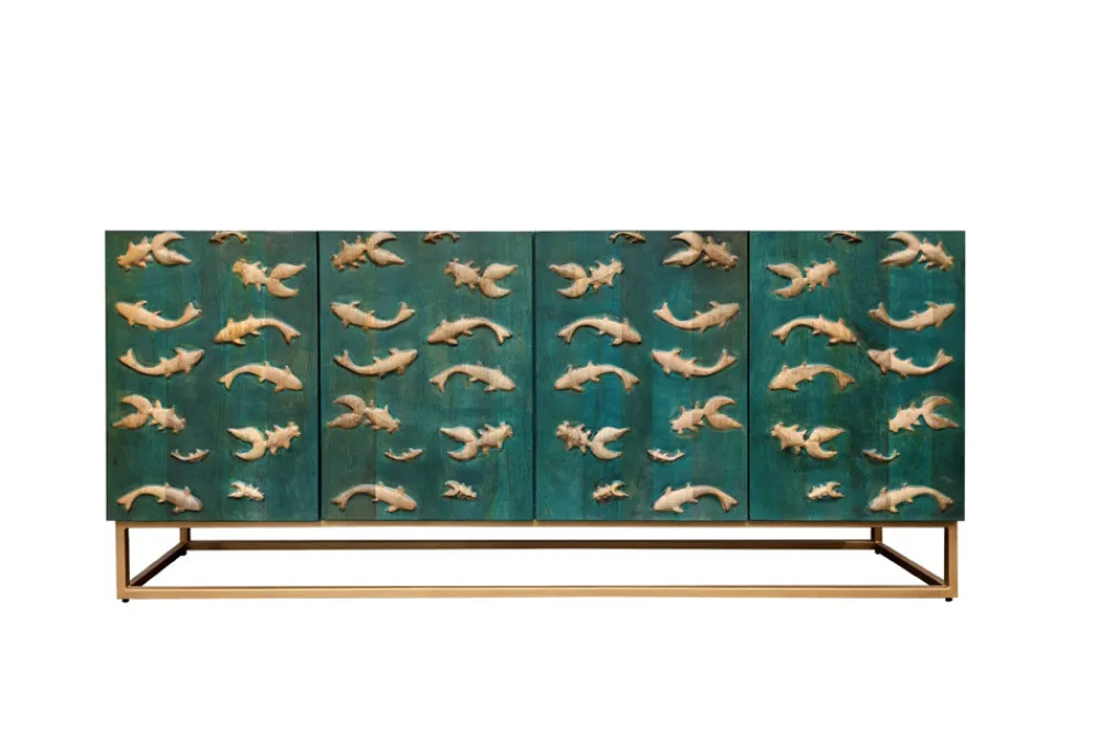 Riess-Ambiente Mehr...|Goldene Möbel > Massives Sideboard GOLDEN LAGOON 180cm türkis gold Mangoholz Metall 3D-Front