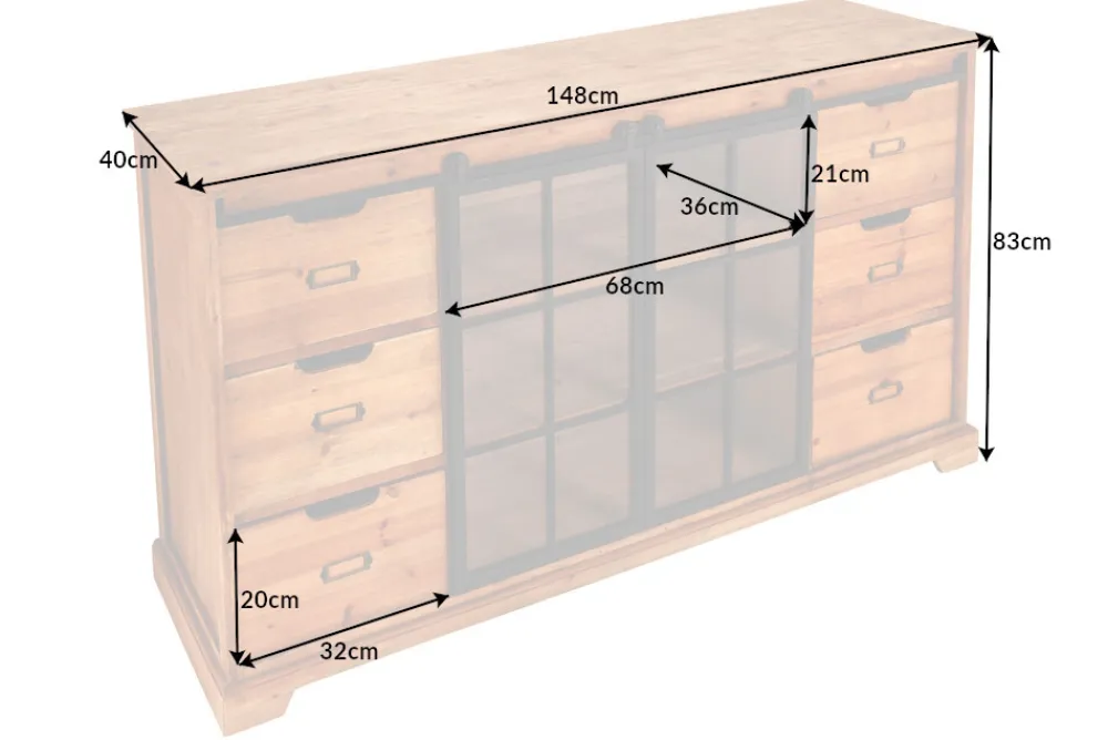 Riess-Ambiente Industrial Loft|Barschränke > Massives Sideboard HERITAGE 150cm natur Pinienholz Industrial-Türen Metall Vitrine