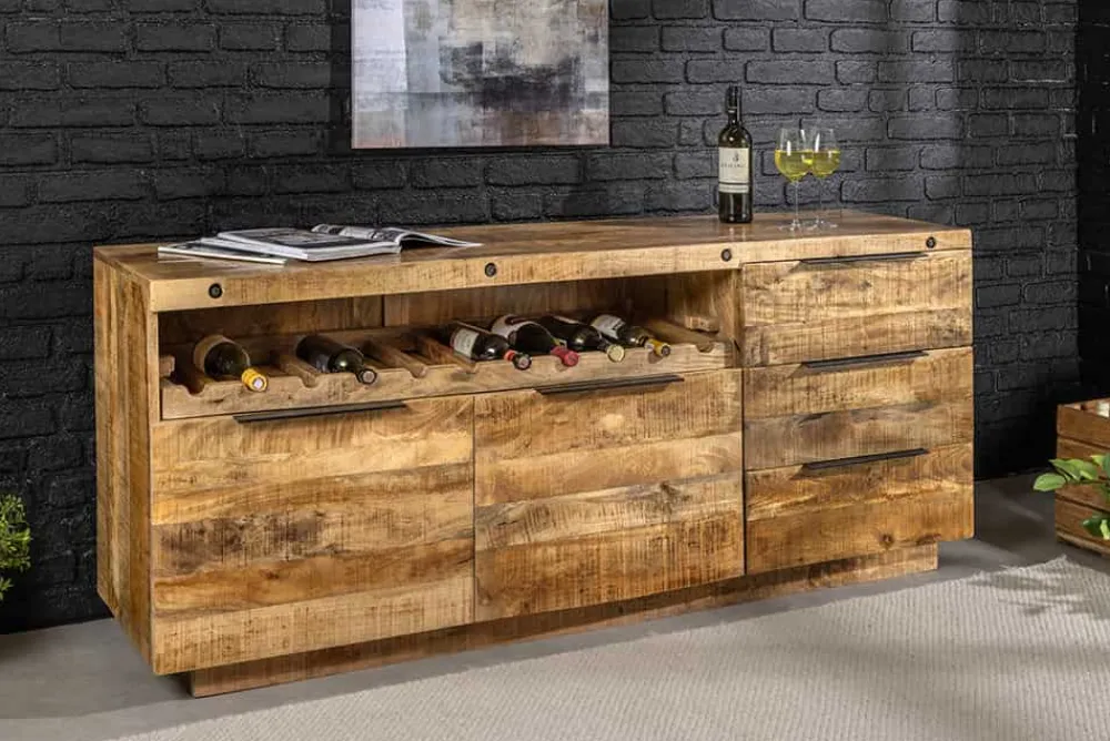 Riess-Ambiente Industrial Loft|Mehr... > Massives Sideboard IRON CRAFT 175cm natur Mangoholz mit Schubladen Weinregal