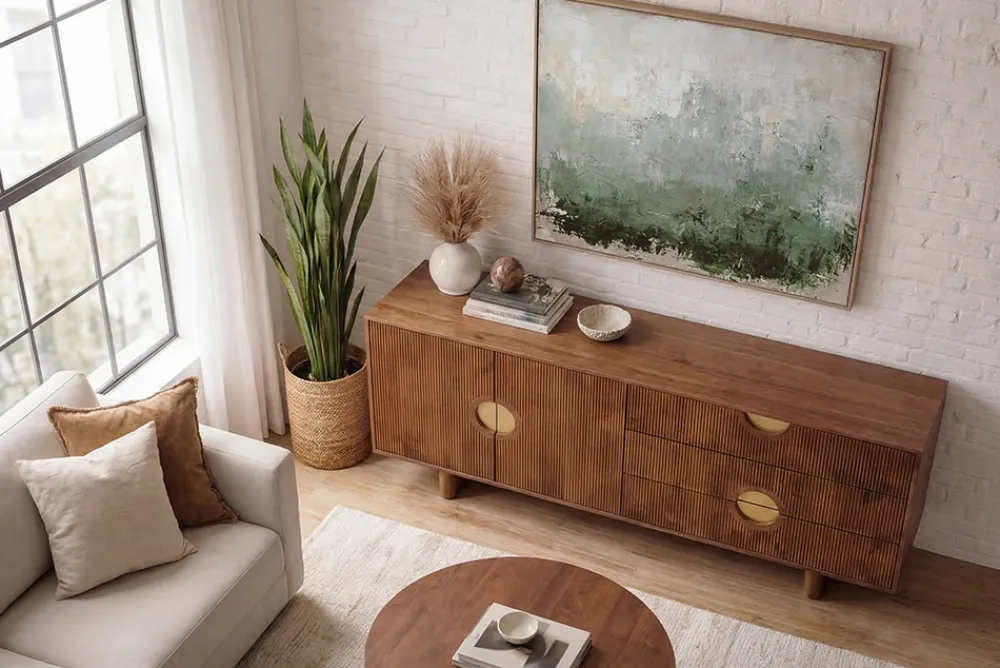 Riess-Ambiente Retro Möbel|Sideboards & Kommoden > Massives Sideboard MADISON 180cm braun Mangoholz mit Schubladen und strukturierter Front