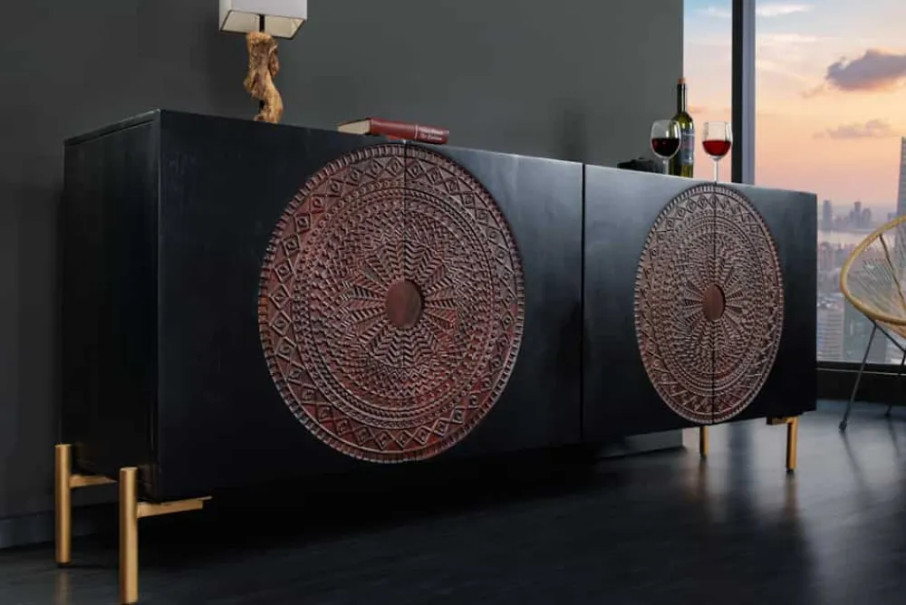 Riess-Ambiente Mehr...|Goldene Möbel > Massives Sideboard MANDALA 160cm Mangoholz schwarz mit 3D Schnitzereien goldene Füße