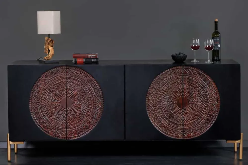 Riess-Ambiente Mehr...|Goldene Möbel > Massives Sideboard MANDALA 160cm Mangoholz schwarz mit 3D Schnitzereien goldene Füße