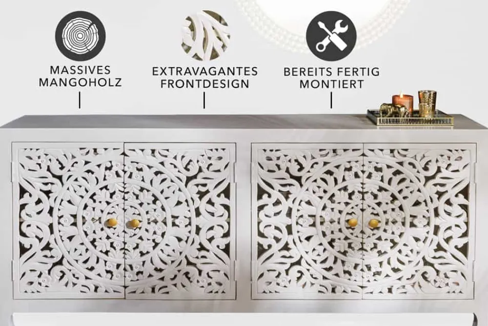 Riess-Ambiente Sideboards & Kommoden|Mehr... > Massives Sideboard MARRAKESCH 170cm weiß Mangoholz mit Verzierung handmade