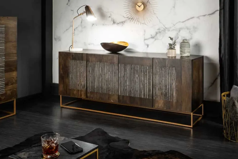 Riess-Ambiente Mehr...|Industrial Loft > Massives Sideboard ONYX 180cm dunkelbraun Mangoholz Edelstein Achat gold Metallgestell