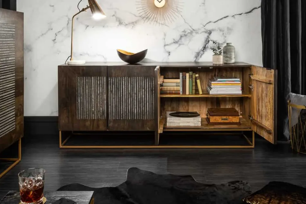 Riess-Ambiente Mehr...|Industrial Loft > Massives Sideboard ONYX 180cm dunkelbraun Mangoholz Edelstein Achat gold Metallgestell