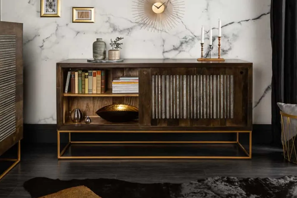 Riess-Ambiente Mehr...|Industrial Loft > Massives Sideboard ONYX 160cm dunkelbraun gold Mangoholz Edelstein Achat Schiebetüren