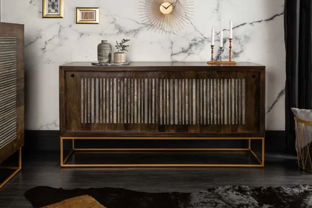 Riess-Ambiente Mehr...|Industrial Loft > Massives Sideboard ONYX 160cm dunkelbraun gold Mangoholz Edelstein Achat Schiebetüren