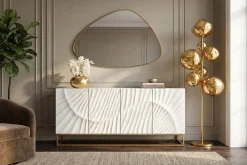 Riess-Ambiente Goldene Möbel|Sideboards & Kommoden > Massives Sideboard SCORPION 180cm weiß Mangoholz gold Metall 3D-Schnitzereien