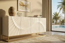 Riess-Ambiente Goldene Möbel|Sideboards & Kommoden > Massives Sideboard SCORPION 180cm weiß Mangoholz gold Metall 3D-Schnitzereien