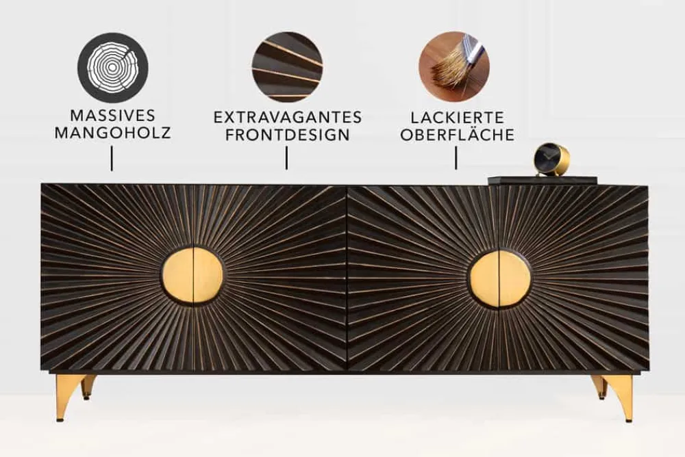 Riess-Ambiente Mehr...|Massivholzschränke > Massives Sideboard SOLARIS 180cm schwarz gold Mangoholz 3D-Design