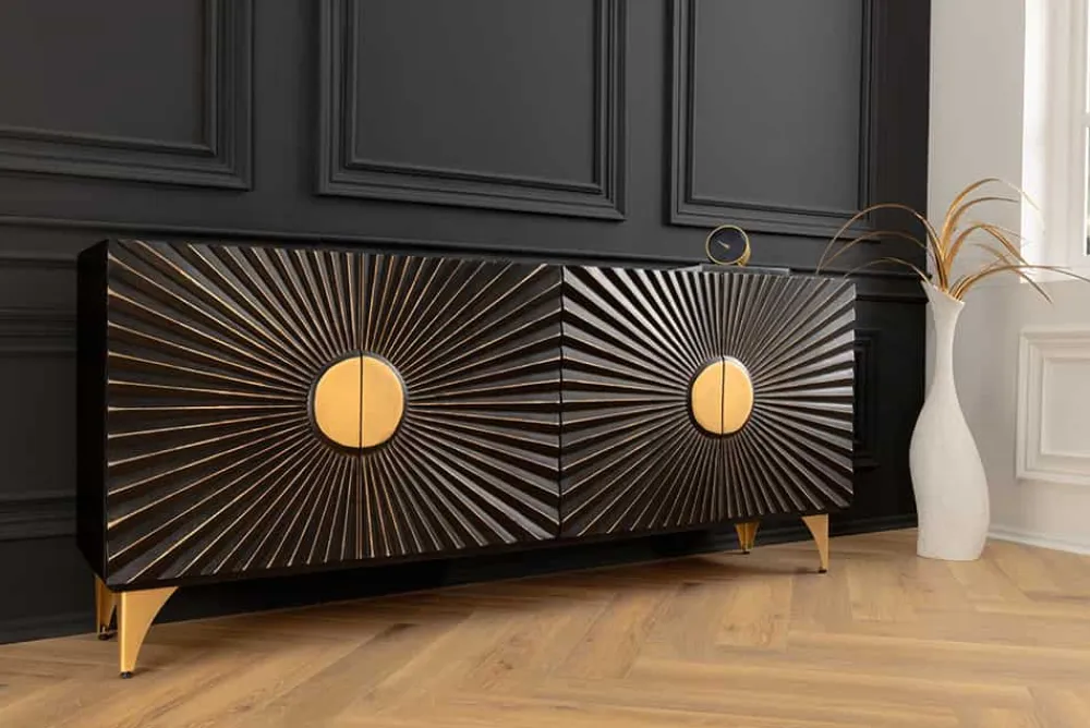 Riess-Ambiente Mehr...|Massivholzschränke > Massives Sideboard SOLARIS 180cm schwarz gold Mangoholz 3D-Design