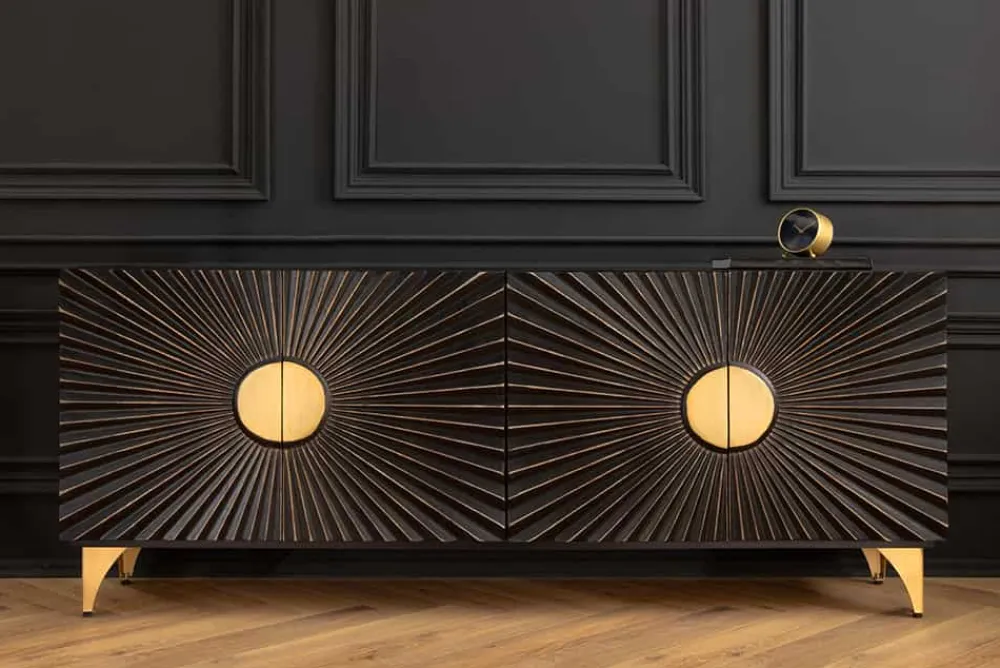 Riess-Ambiente Mehr...|Massivholzschränke > Massives Sideboard SOLARIS 180cm schwarz gold Mangoholz 3D-Design