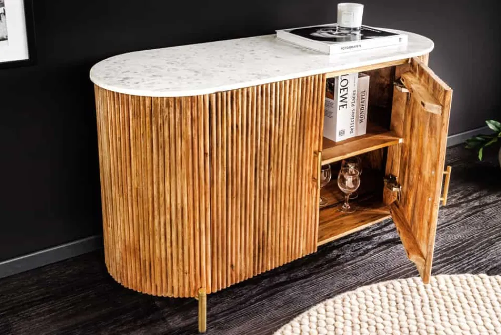 Riess-Ambiente Mehr...|Retro Möbel > Massives Sideboard TRES CHIC 105cm natur Mangoholz weiß Marmor gold Metall