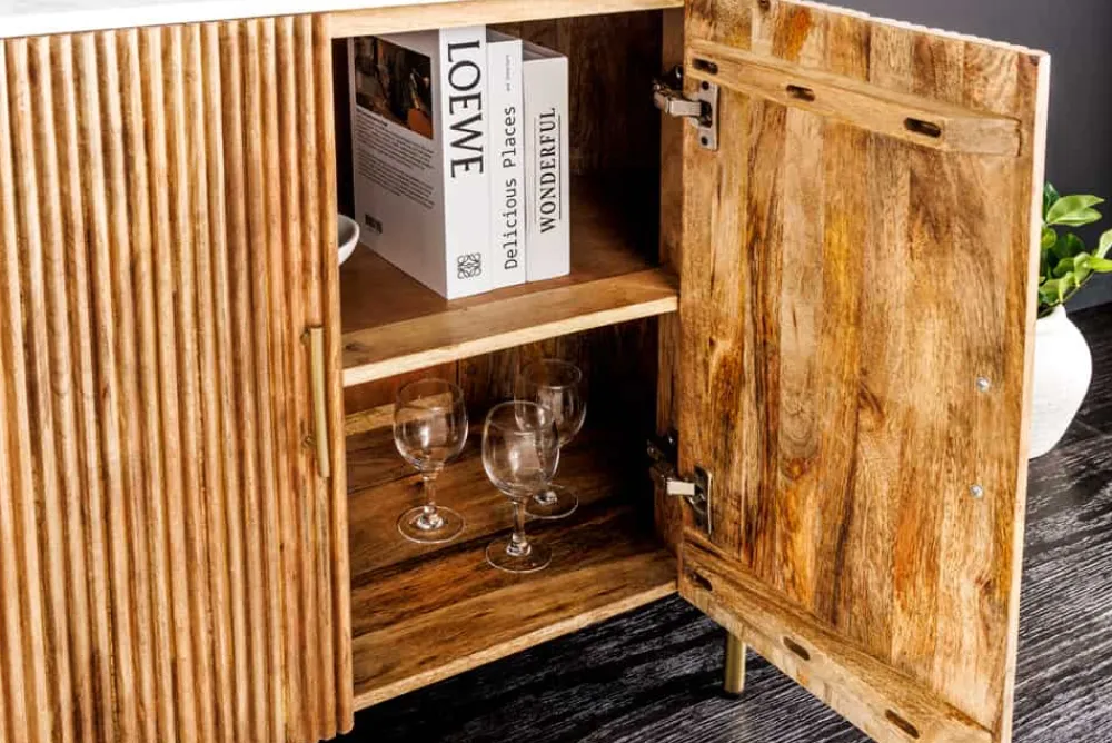 Riess-Ambiente Mehr...|Retro Möbel > Massives Sideboard TRES CHIC 105cm natur Mangoholz weiß Marmor gold Metall
