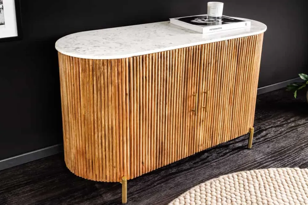 Riess-Ambiente Mehr...|Retro Möbel > Massives Sideboard TRES CHIC 105cm natur Mangoholz weiß Marmor gold Metall