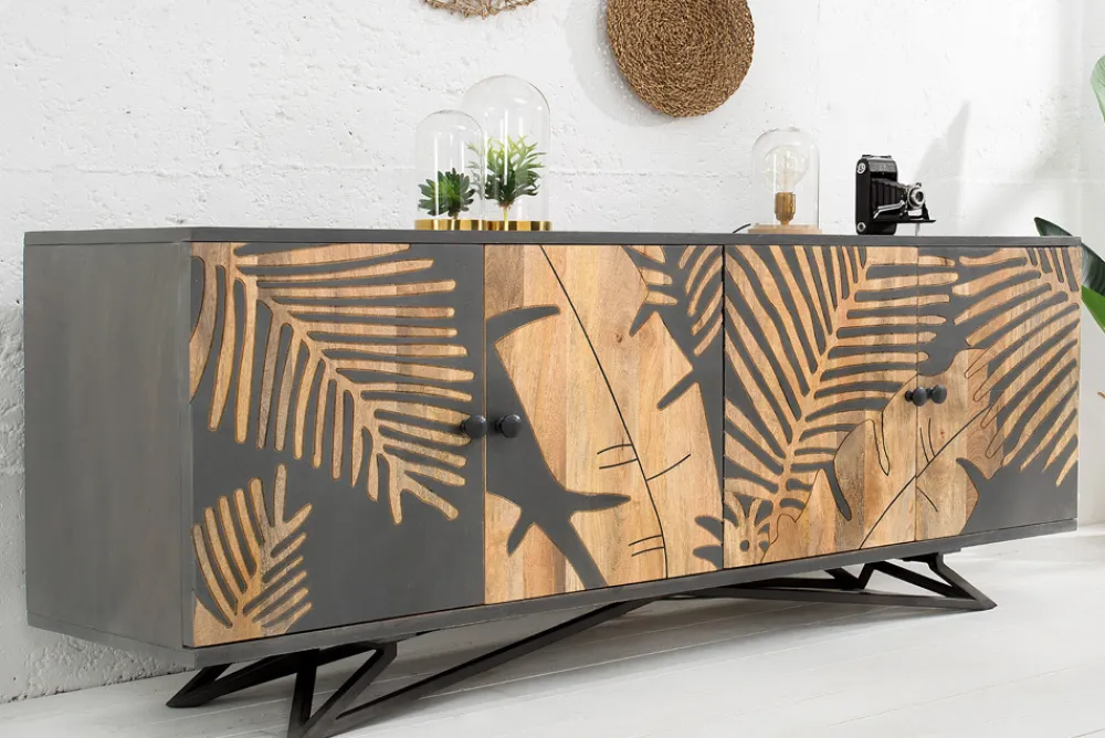 Riess-Ambiente Mehr...|Sideboards & Kommoden > Massives Sideboard TROPICAL 160cm grau Mangoholz florales Design Boho Metallgestell