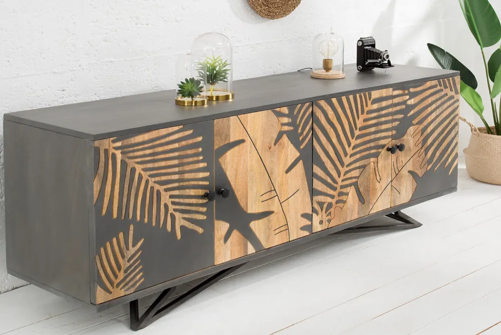 Riess-Ambiente Mehr...|Sideboards & Kommoden > Massives Sideboard TROPICAL 160cm grau Mangoholz florales Design Boho Metallgestell