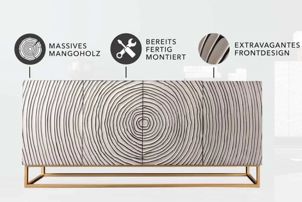 Riess-Ambiente Mehr...|Massivholzschränke > Massives Sideboard ZEN CIRCLES 180cm weiß schwarz gold Mangoholz 3D-Design